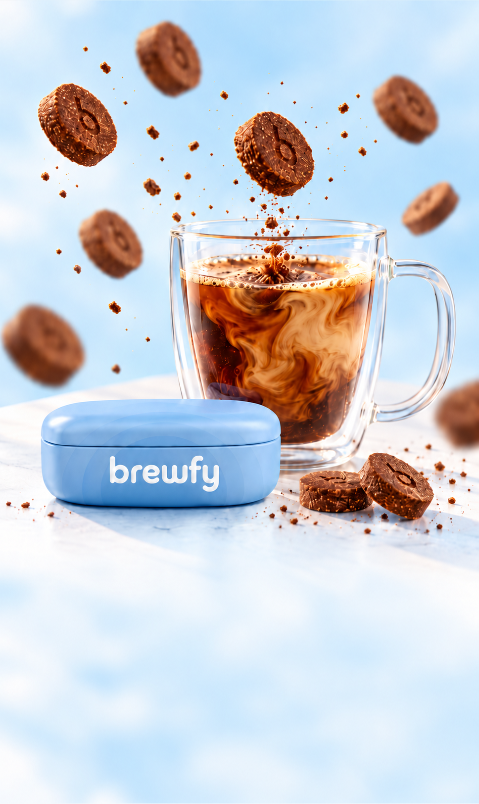 BREWFY reusable blue tin beside a glass mug of coffee, with compressed coffee tablets floating above